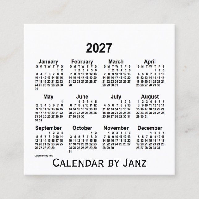 Calendrier blanc 2027 par Janz Carte de visite Car (Devant)