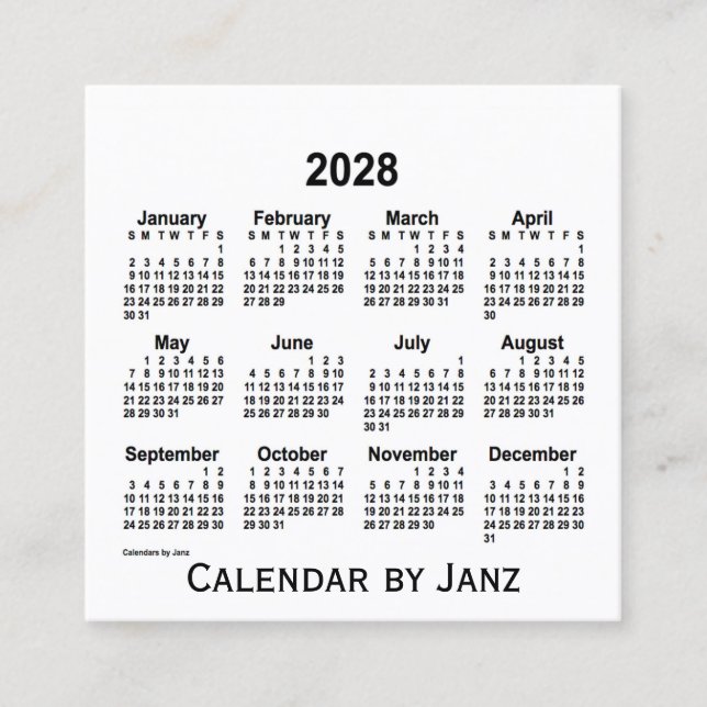 Calendrier blanc 2028 par Janz Carte de visite Car (Devant)