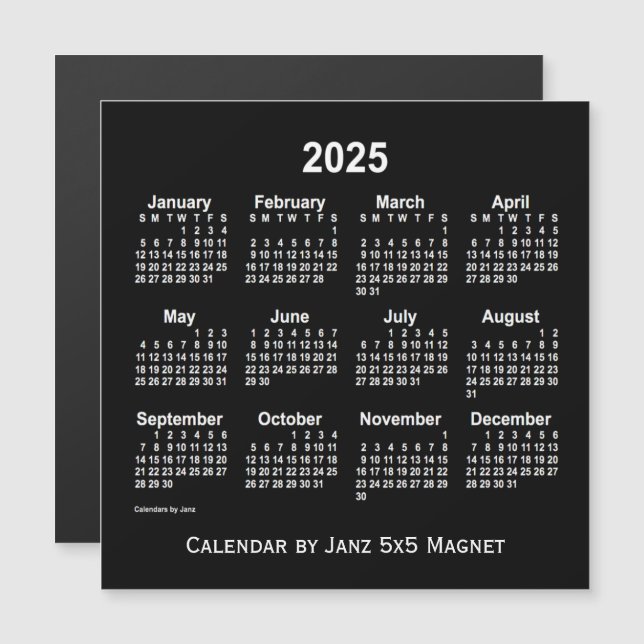Calendrier blanc Neon 2025 par Janz 5x5 Magnet (Devant / Derrière)