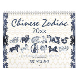 Calendrier Chinois Zodiac Animaux Bleu Blanc Minimal Personna