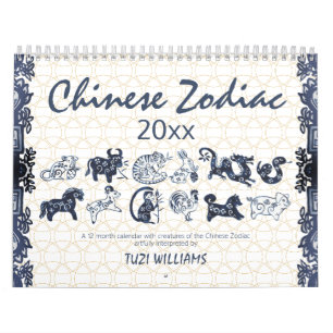 Calendrier Chinois Zodiac Animaux Bleu Blanc Minimal Personna