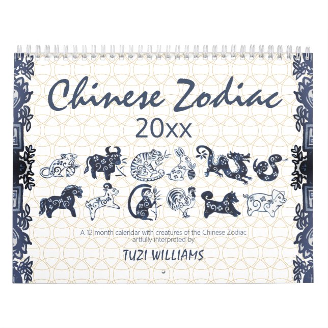 Calendrier Chinois Zodiac Animaux Bleu Blanc Minimal Personna (Protection)