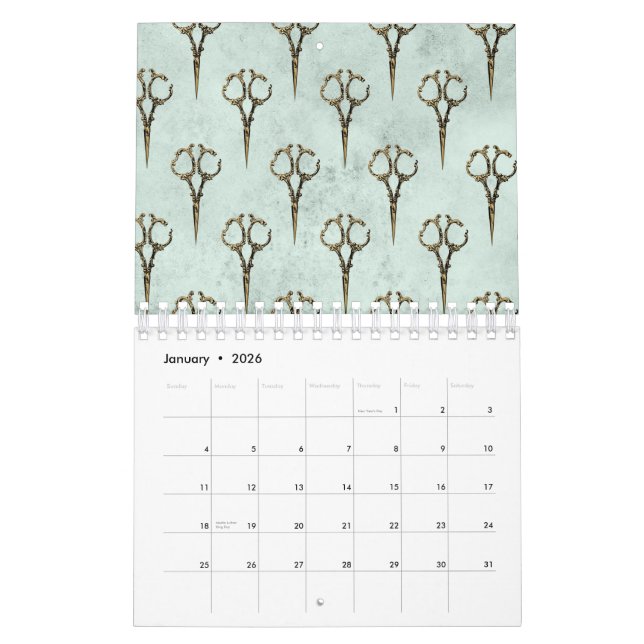 Calendrier Coiffeur-coiffeur Vintage à ciseaux dorés (Jan 2026)