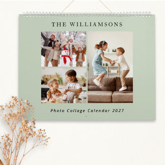 Calendrier Collage Photo de Famille Moderne Vert Sauge 2027