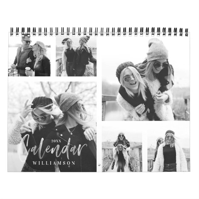 Calendrier Collage photo de script en noir et blanc tendance (Protection)