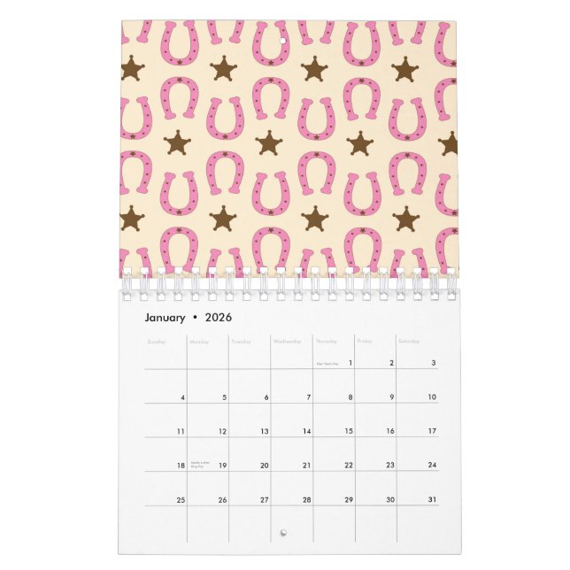 Calendrier Cowgirl Pink Horseshoe Sheriff Star Country Texas (Jan 2026)