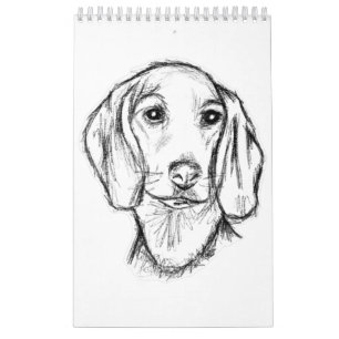 Calendrier croquis de teckel dessiné à la main en noir et bla