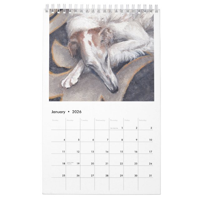 Calendrier d'art Borzoi 2022 à une page par Charlo (Jan 2026)