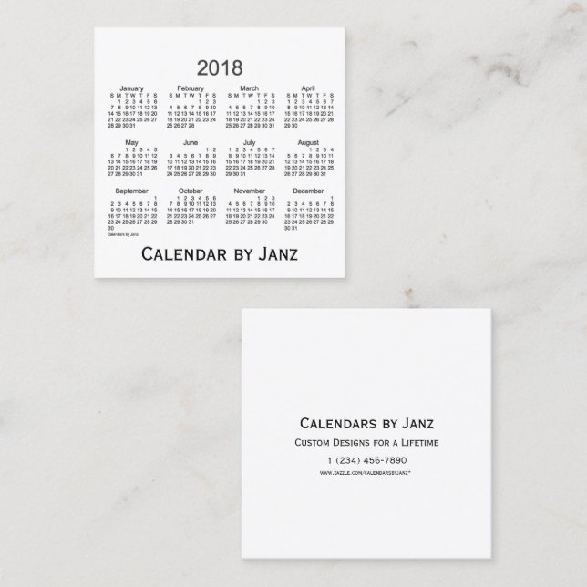 Calendrier de 2018 blancs par le carte de visite (Devant / Derrière)