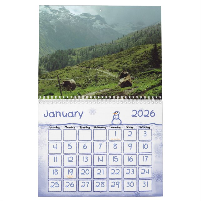 CALENDRIER DE COUVERTURE D'AMUSEMENT DE VACHE (Jan 2026)