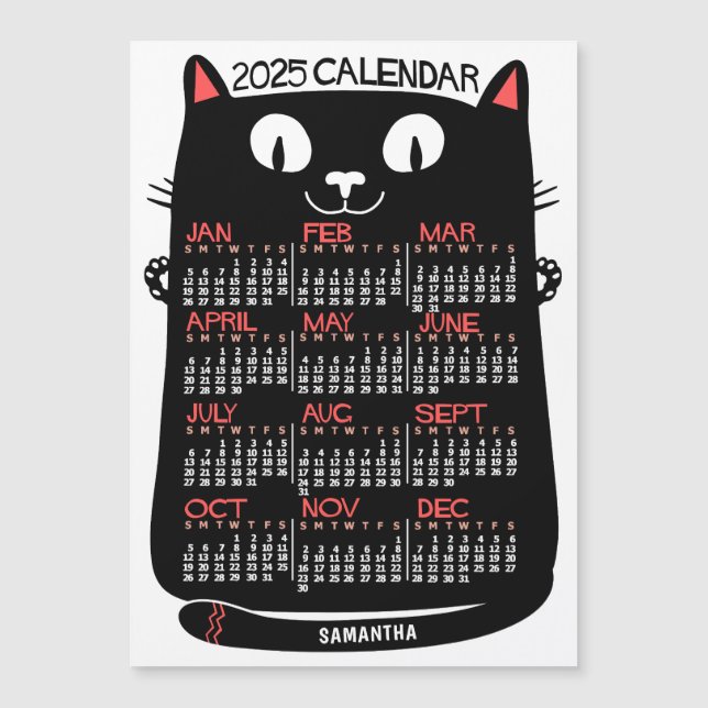 Calendrier de l'année 2025 Magnet de chat noir du  (Devant)