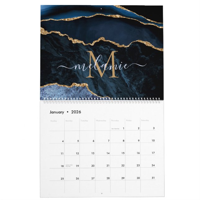 Calendrier de Parties scintillant d'or bleu Nom et (Jan 2026)