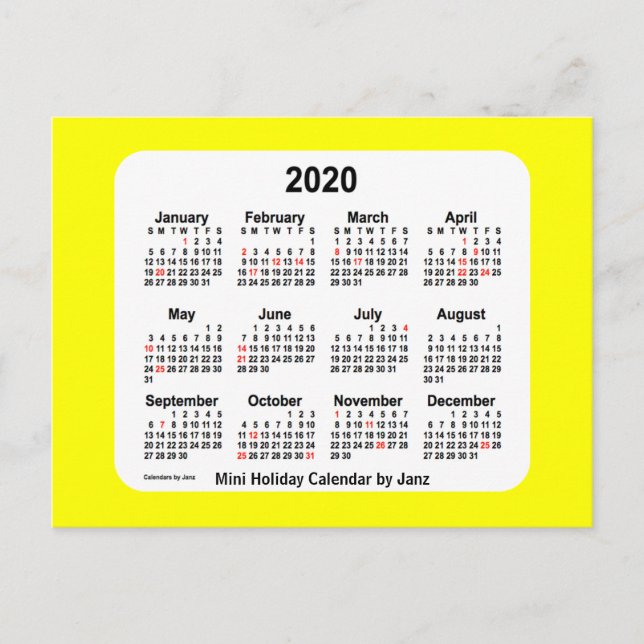 Calendrier de vacances jaunes 2020 par Janz Carte  (Devant)