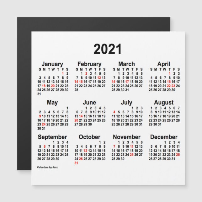 Calendrier des fêtes 2021 par Janz 5x5 Magnet (Devant / Derrière)