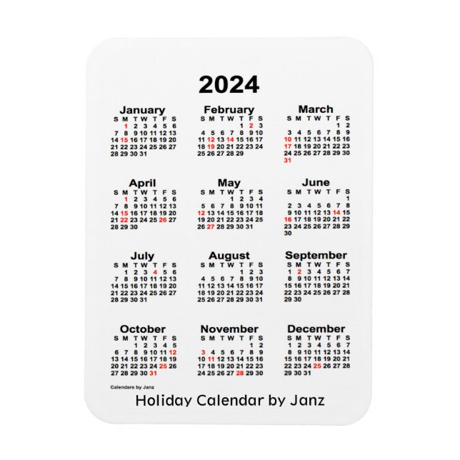Calendrier des Fêtes Blanches 2024 par Janz Magnet (Vertical)