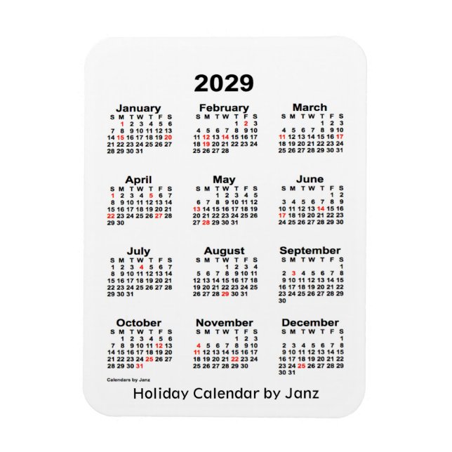 Calendrier des Fêtes Blanches 2029 par Janz Magnet (Vertical)