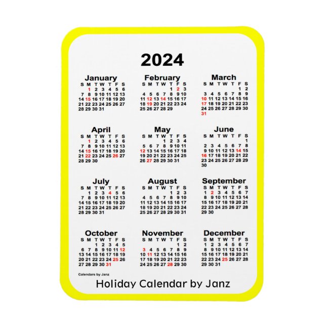 Calendrier des Fêtes Jaunes 2024 par Janz Magnet (Vertical)