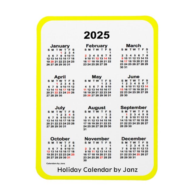 Calendrier des Fêtes Jaunes 2025 par Janz Magnet (Vertical)