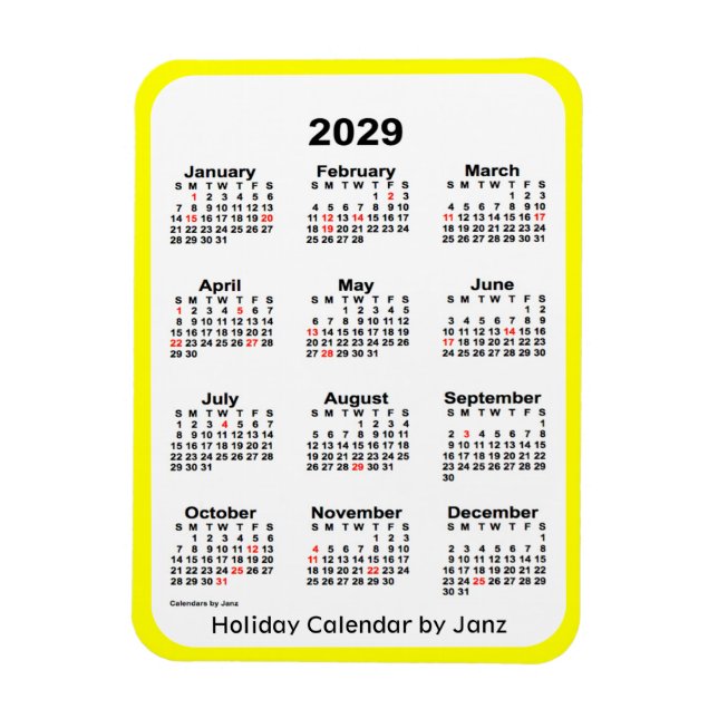 Calendrier des Fêtes Jaunes 2029 par Janz Magnet (Vertical)