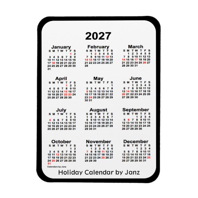Calendrier des fêtes noires 2027 par Janz Magnet (Vertical)