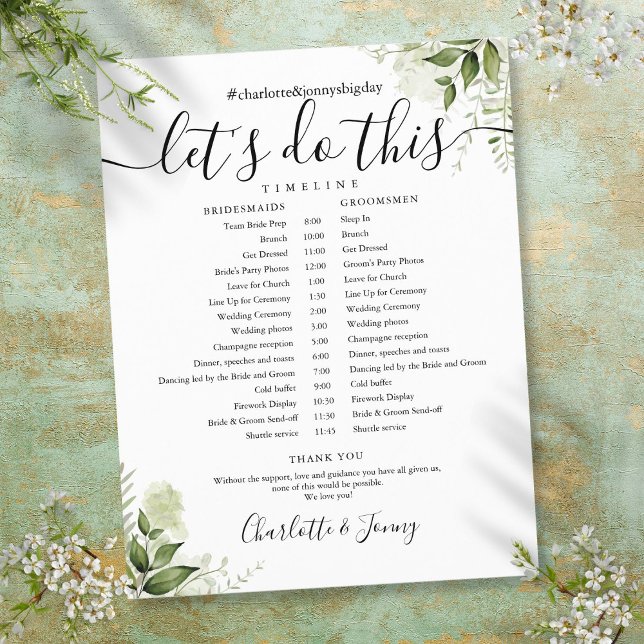 Calendrier du Mariage de script Feuille vert (Greenery Leaves Script Wedding Schedule Timeline)