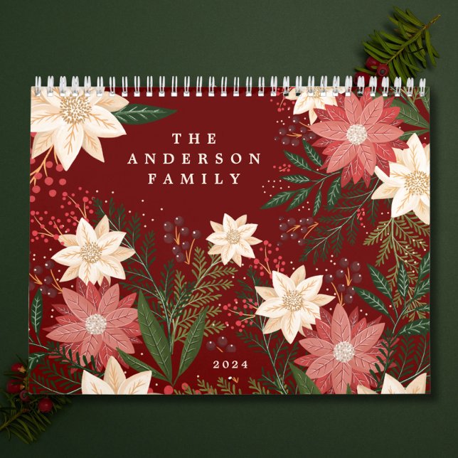Calendrier Élégant Maroon Nom de famille Poinsettia Noël (Créateur téléchargé)
