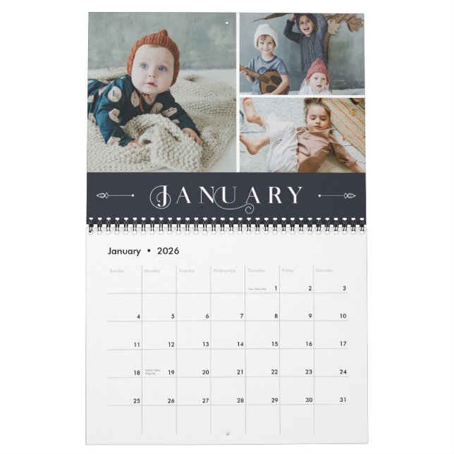 Calendrier Élégant Mois de la Marine Blanche Ornate Photo Col (Jan 2026)