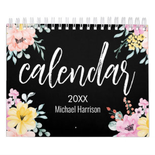 Calendrier Elégante aquarelle florale noir et blanc 2025