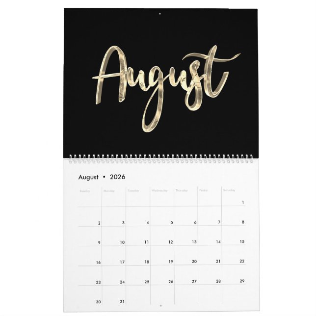 Calendrier Élégante Typographie de script noir et or moderne (Aug 2026)