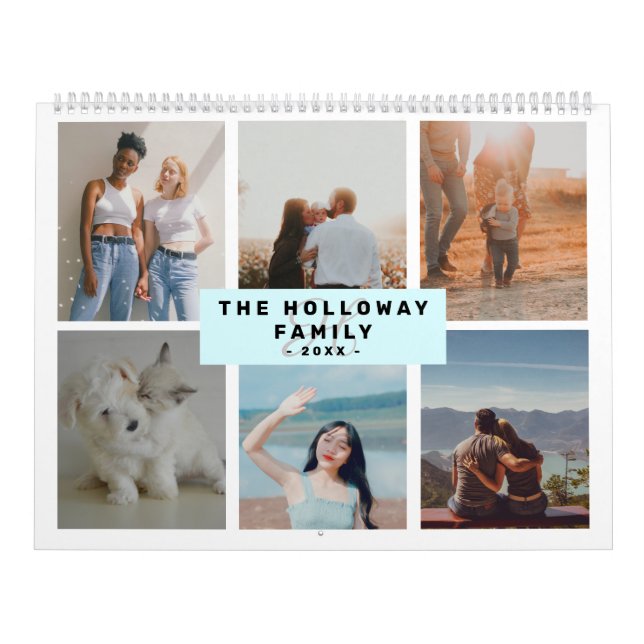 Calendrier Famille moderne nom monogramme turquoise 18 photos (Protection)