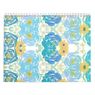 Calendrier Fleurs aquarelles bleues et jaunes