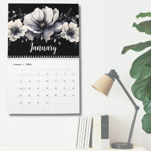 Calendrier Fleurs Élégantes Noir et Blanc à l'aquarelle