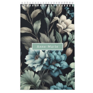 Calendrier Floral moderne bleu noir girly élégant élégant