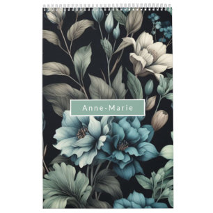 Calendrier Floral moderne bleu noir girly élégant élégant