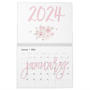 Calendrier floral moderne rose 2024