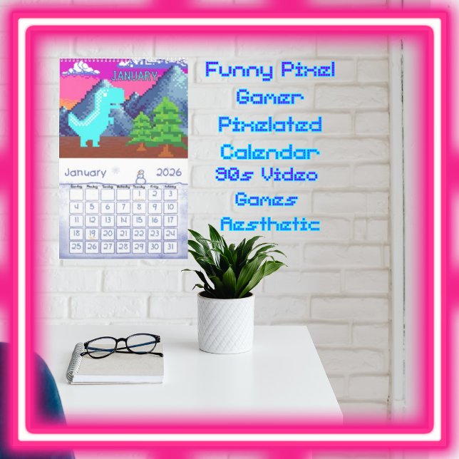 Calendrier Funny Pixel Gamer Pixelated- Dinosaur Illustration (Funny Pixel Gamer Pixelated- Dinosaur Illustration Single Page Calendar; 90s Video Games Aesthetic.)