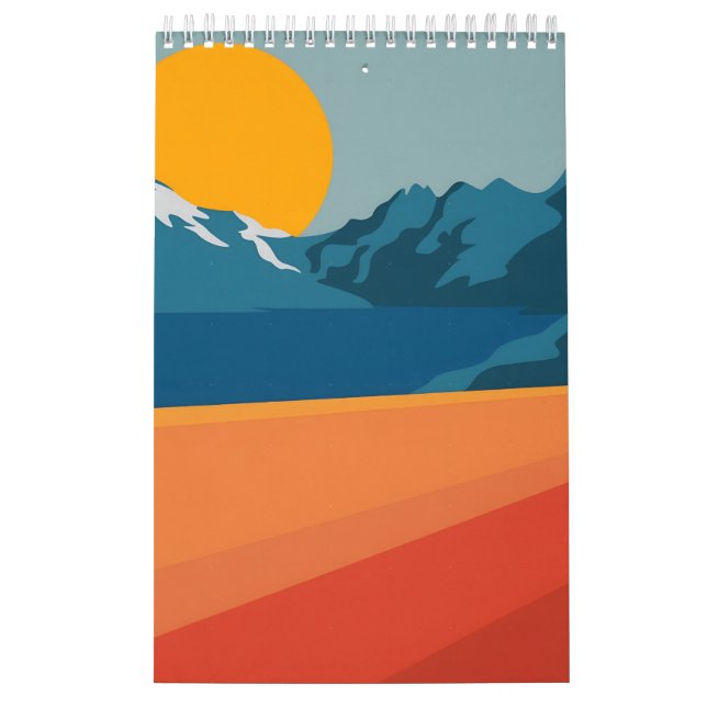 Calendrier Gras Retro Mountain Scene - Rouge et Bleu Minimali (Protection)