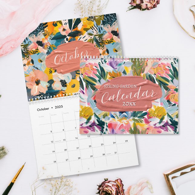 Calendrier Jardin de printemps Abstraite peinture florale 202 (Botanical floral oil painting calendar with abstract flower paintings in vibrant colors.)