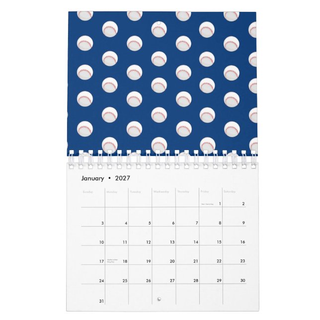 Calendrier Joueurs de baseball blanc Ball Red Stitching (Jan 2027)