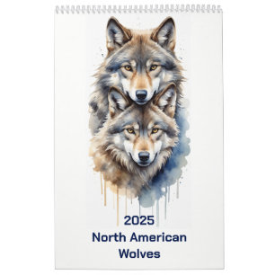 Calendrier Loup d'Amérique du Nord d'aquarelle animale 2025