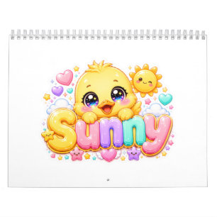 Calendrier Mignon Kawaii Sunny Chick Nom Pastel Rose Pailleté