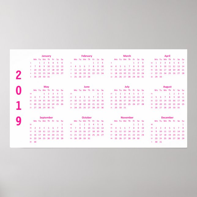 Calendrier minimaliste rose vif Affiche 2019 (Devant)