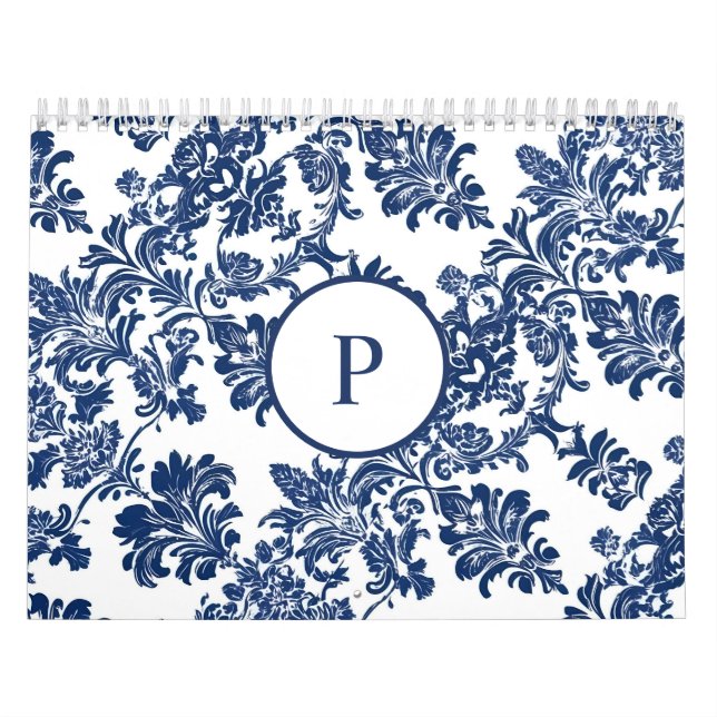 Calendrier Modèle bleu Damas de la marine classique (Protection)