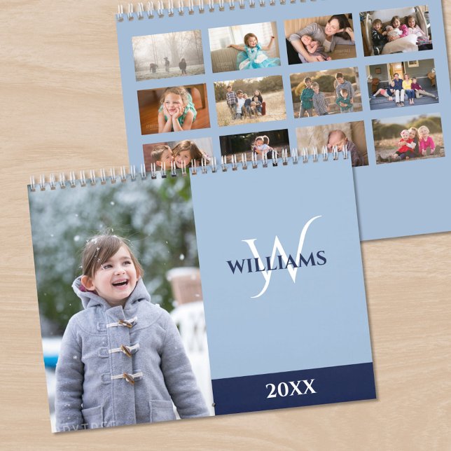 Calendrier Modern Monogram Light Blue Photo (Modern Monogram Light Blue Photo Calendar, front/back)