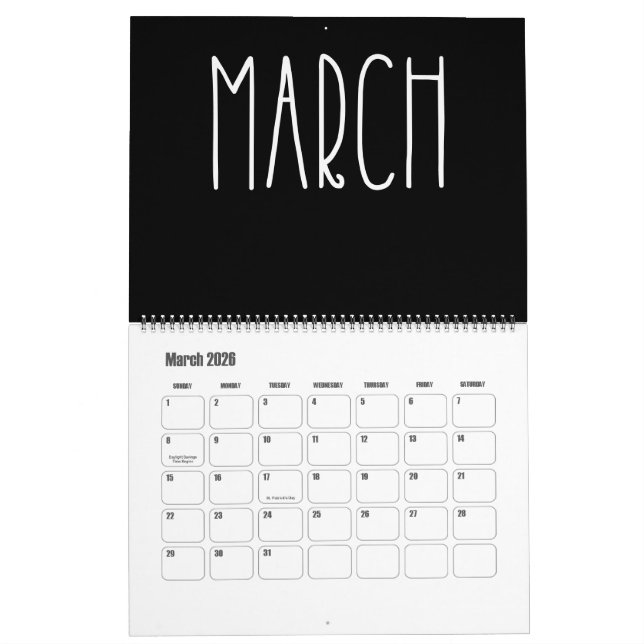Calendrier moderne noir et blanc (Mar 2026)