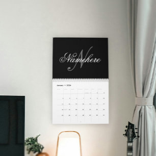 Calendrier Monogramme de nom noir et blanc personnalisé uniqu