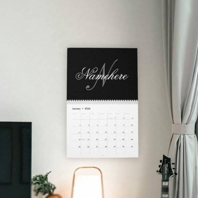 Calendrier Monogramme de nom noir et blanc personnalisé uniqu (Créateur téléchargé)