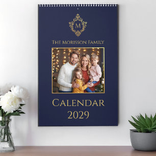 Calendrier Monogramme sur Crête Bleu marine et Or Élégante ph