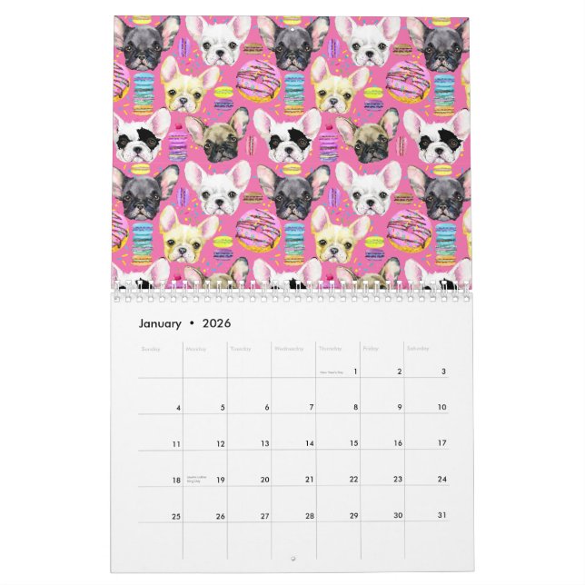 Calendrier Motif français de Bulldog Macaron (Jan 2026)