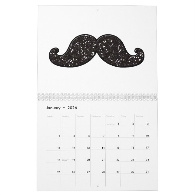 CALENDRIER MOUSTACHE DE PARTIES SCINTILLANTES DE NOIR (Jan 2026)